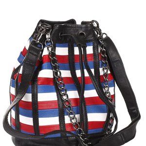 Genuine Leather Striped Bucket Handbag